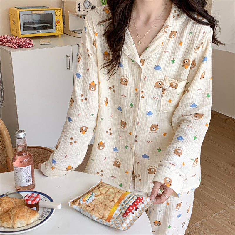 Cute & Cozy Animal/Character Print Pajama Set Pure Cotton Cartoon Long-sleeved Pajamas Set Letter Bear Homewear For Women