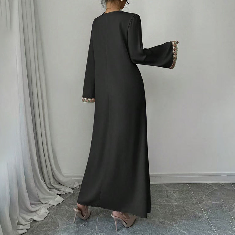 Middle Eastern Embroidered Maxi Dress - Round Neck Long Sleeve Flowy Kaftan With Exquisite Embroidery, Loose Fit