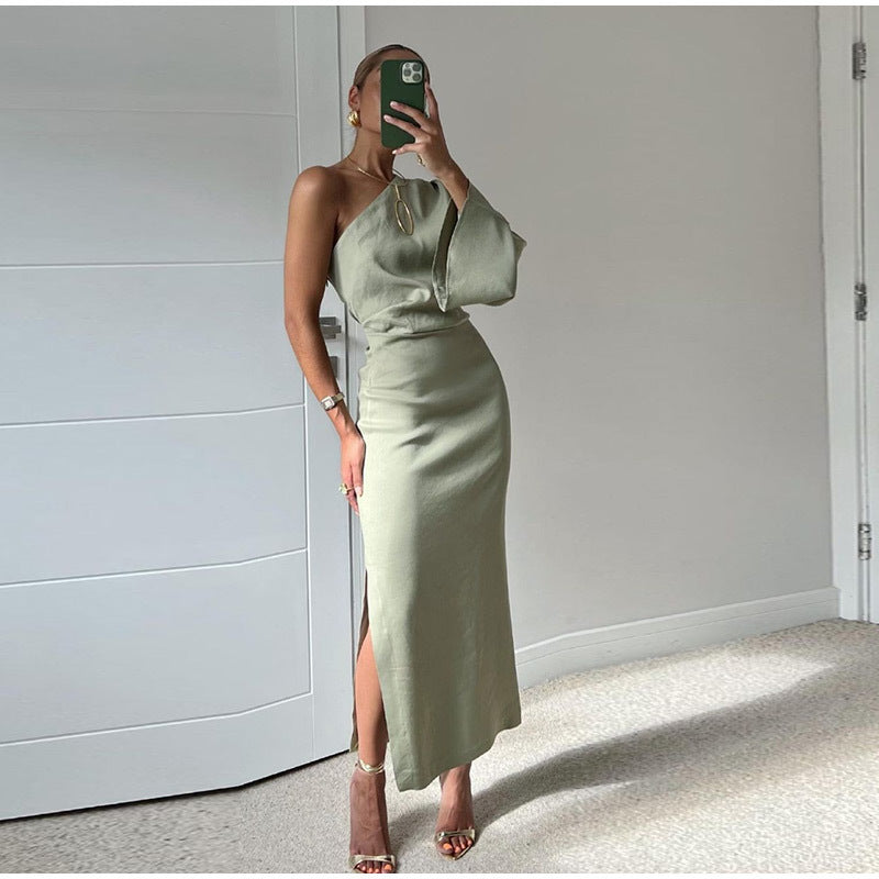 Oblique One-shoulder Silk Twill Texture Slim Dress For Women's