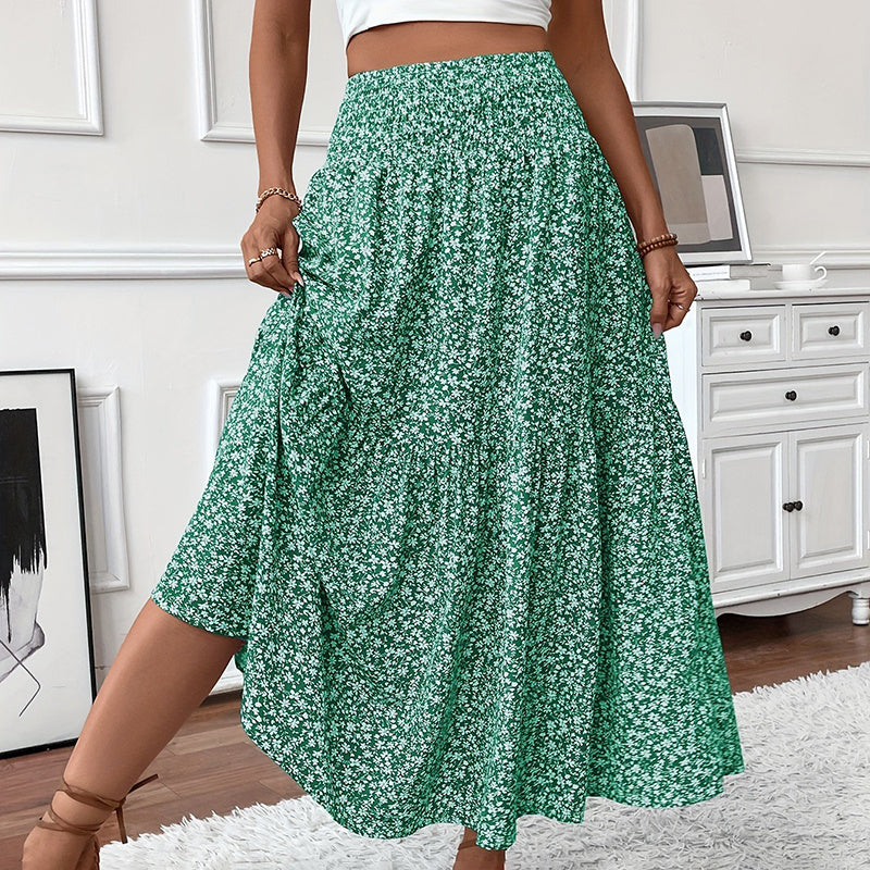 Boho Floral Maxi Skirt - High Elastic Waist, Pleated A-Line Long Skirt