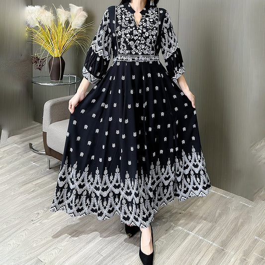 Bohemian Embroidery V-neck Dress, Elegant 3 4 Sleeve A-line Swing Maxi Dress