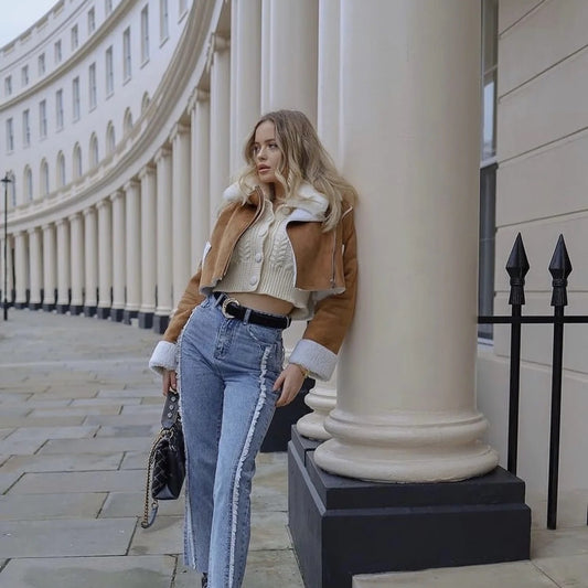 Lapel Loose Short Suede Contrast Color Pocket Side Zipper Lamb Wool Long Sleeve Coat