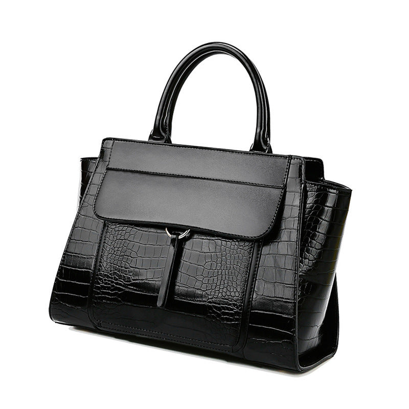 Elegant Black Croc-Embossed Top Handle Bag Women's New Fashion All Match Messenger Bag Large Capacity