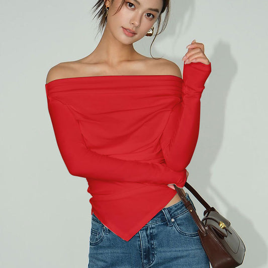 Scarlet Edge Off-Shoulder Top – Sleek, Bold & Flattering Women's Top Korean Style Slim-fitting Cool Top For Women