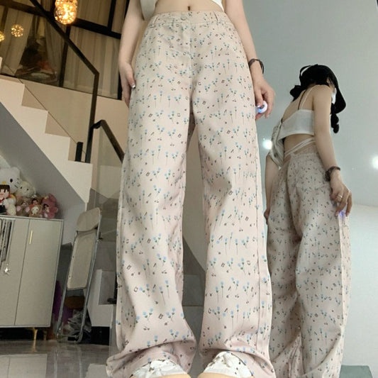 Pastel Floral Wide-Leg Pants – Soft, Flowery & Feminine Vibes Hong Kong Style Floral Jeans For Women