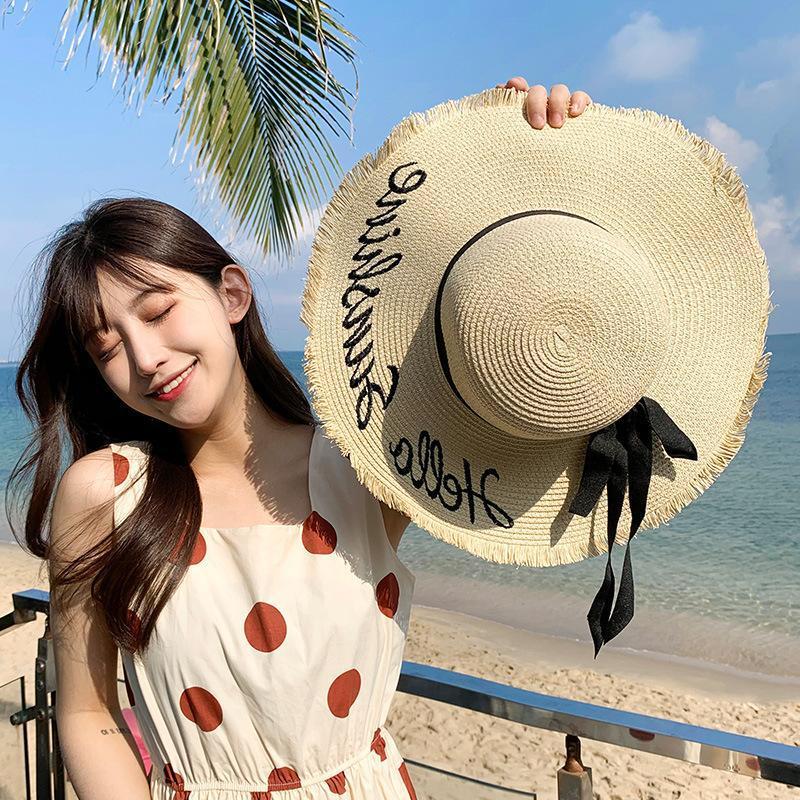 Lace Up Large Brim Straw Hat Beach Caps Women