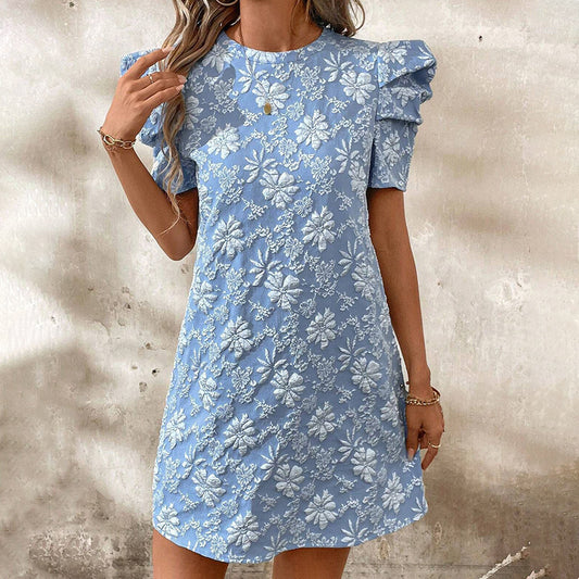 Puff Sleeve A-Line Mini Dress Crew Neck Floral Casual Summer Dress