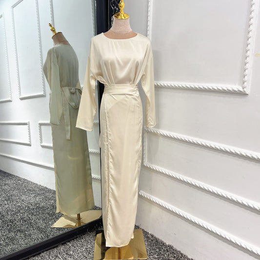 Elegant Long Sleeve Modest Maxi Dress | Sophisticated Full Length Gown Soft Waist Dress Satin Women