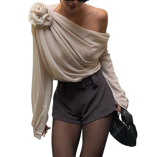 Off Shoulder Tops Elegant Long Sleeve Asymmetrical Neck Ruched Chiffon Blouse Shirts Going Out Top Y2k Shirts