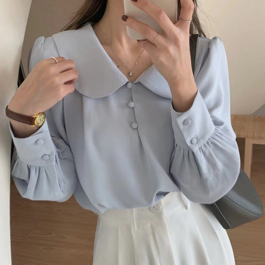 Peter Pan Collar Blouse – Vintage-Inspired Long Sleeve Button-Up Shirt for Women Doll Collar Chiffon Shirt Puff Sleeve Top