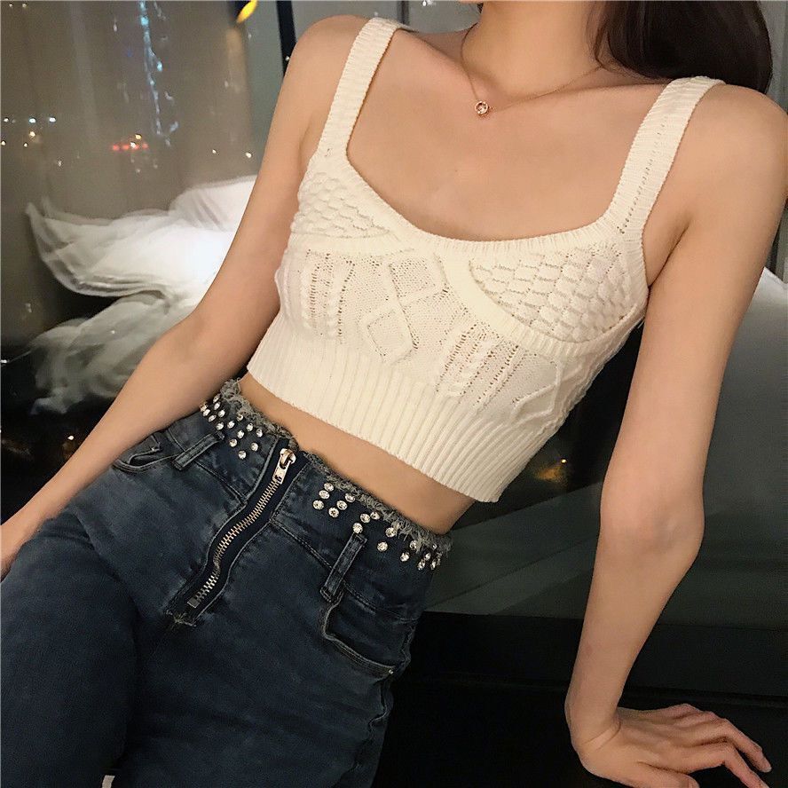 Boho Knit Crop Cami | Trendy Ribbed Bralette Versatile Sleeveless Fried Dough Twists Underlay Korean Top