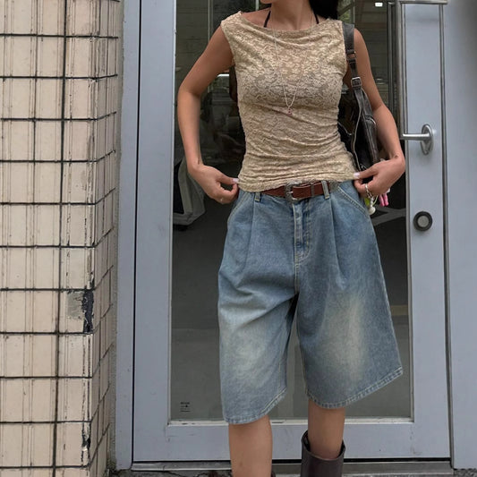 Retro Pleated Wide Leg Straight Denim Shorts Without Belt