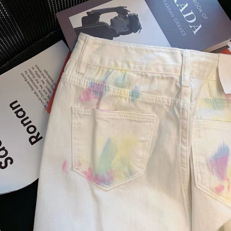 Pastel Dream Tie-Dye Jeans – Whimsical White Wash Denim Retro Tie-dye Graffiti Straight High Waist Jeans For Women