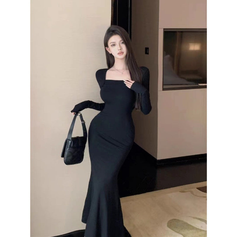Skinny Slimming Hip Fishtail Square Collar Dress Women's