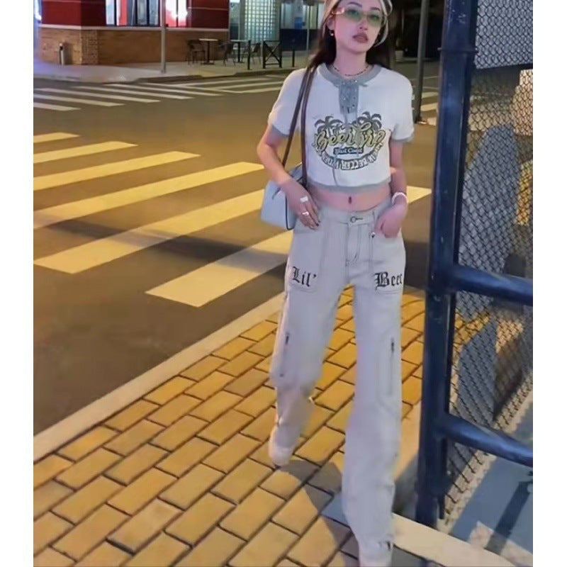Late Night Flex – Street Cool, Lit Looks Vintage Embroidered Zip Fly Khaki Jeans For Women