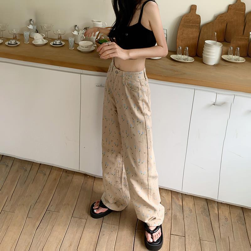 Beige Eyelet Embroidered Wide Leg Pants – Soft Vintage Aesthetic Streetwear Retro Loose Wide-leg Pants Straight Jeans For Women