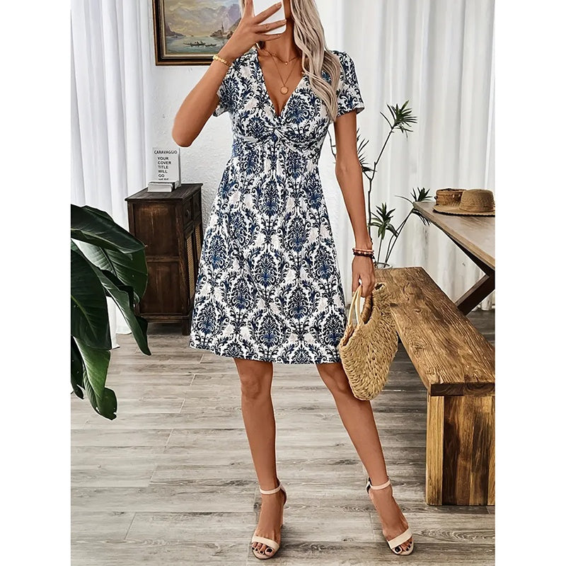 Vibrant Leopard Print Twist Front V Neck Casual Summer Short Sleeve Bodycon Mini Dresses