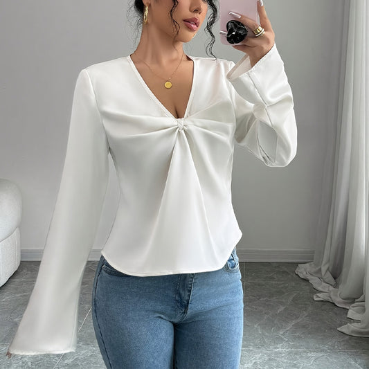 Elegant Solid Color V-neck Ruffled Front Flared Sleeve Shirt