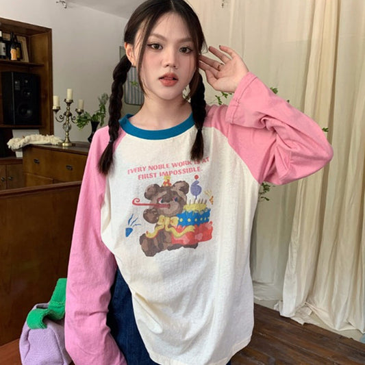 Contrast Color Cartoon Print Raglan Long SleeveT-Shirt