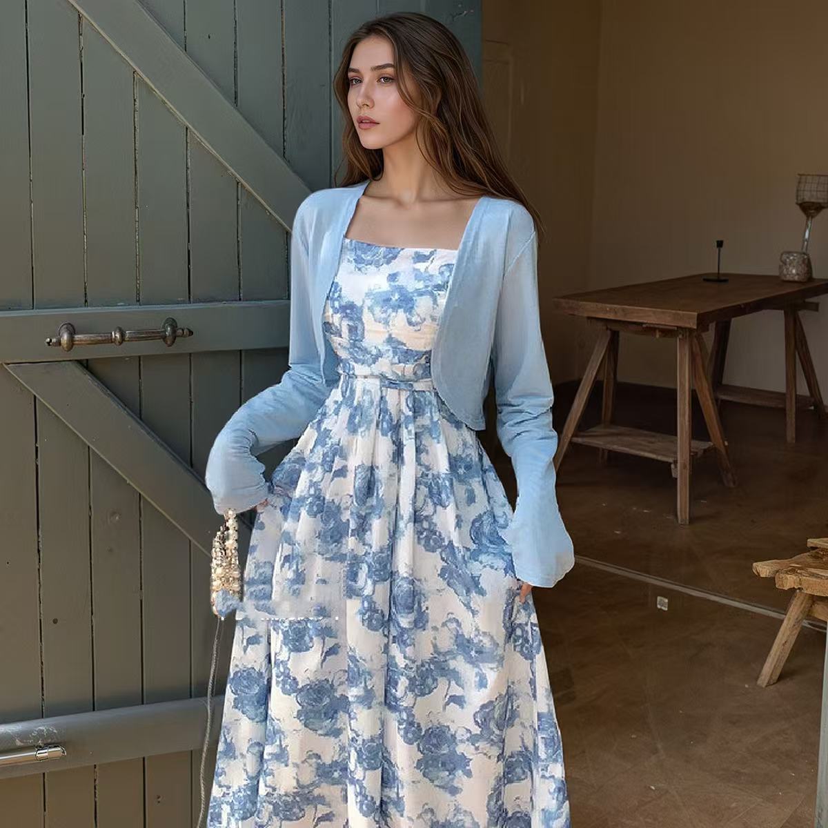 Forest Style Floral Skirt Long Sleeved Cardigan Wool Sweater
