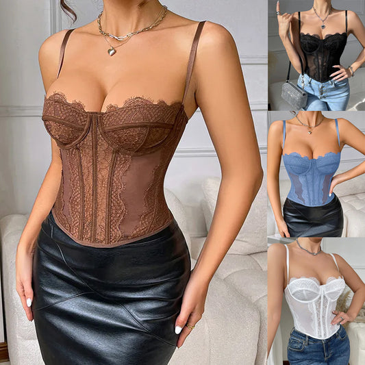 Sexy Push-Up Bustier Crop Top with Adjustable Straps Tanks Lace Spaghetti Strap Top Summer Sleeveless Tops Open Back Bone Corset Bustier Sexy Slim Lingerie Body shaper Camisole