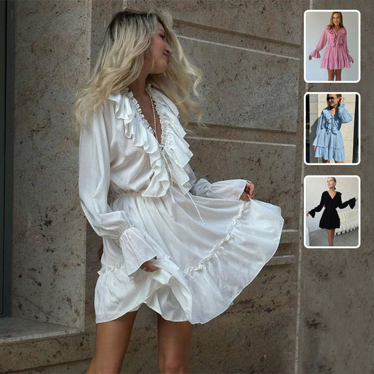 Chic Ruffle Mini Dress | V-Neck with Billowy Long Sleeves (White, Pink, Black, Blue) Fashion V Neck Pleated Ruffle Long Sleeve Dress Y2K V Neck Flared Sleeve Short Dress Women's Clothing
