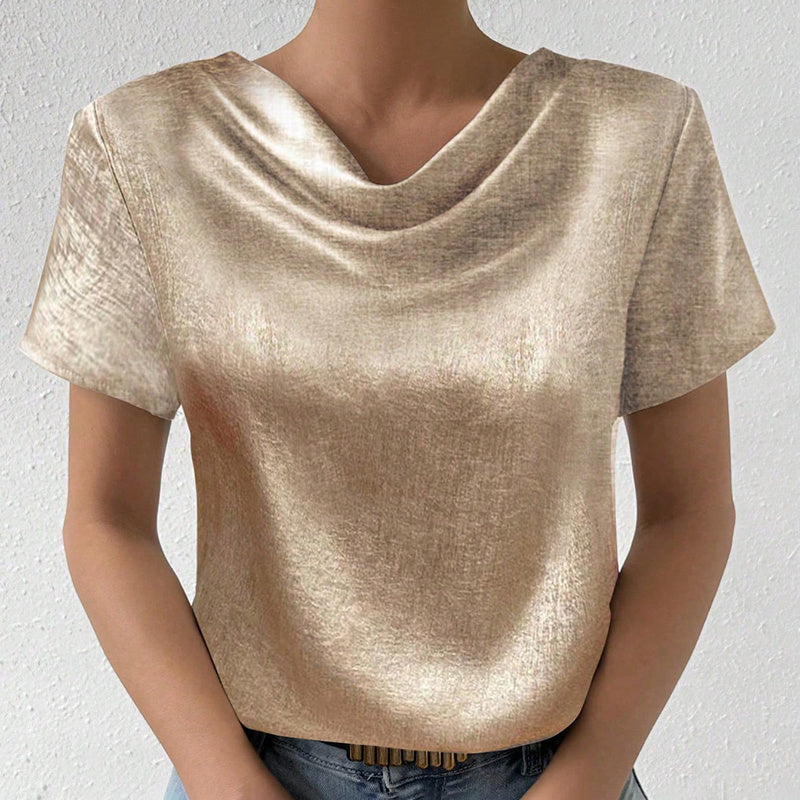 Cowl Neck Short Sleeve Top, Solid Color Loose Fit Summer Office Casual Shirt