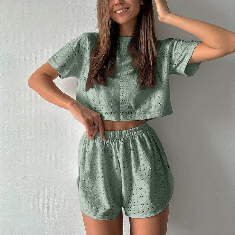 2pcs Casual Hollow Suit With Short-sleeved Crop Top And Elastic Slit Shorts Summer Fashion Sport Clothing For Women's