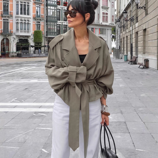 Large Lapel Lace-up Trench Coat Fashionable Jacket