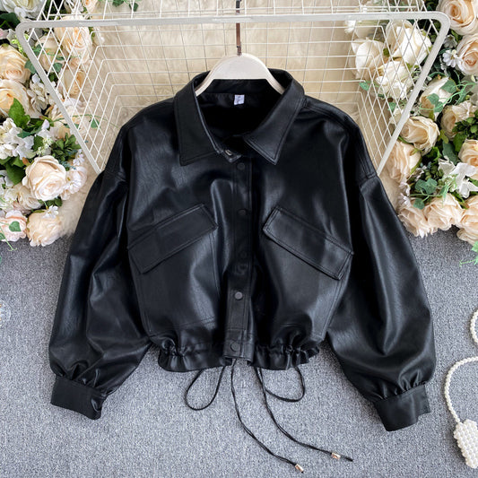 Korean Retro Bf Style Loose Black Leather Jacket For Women's