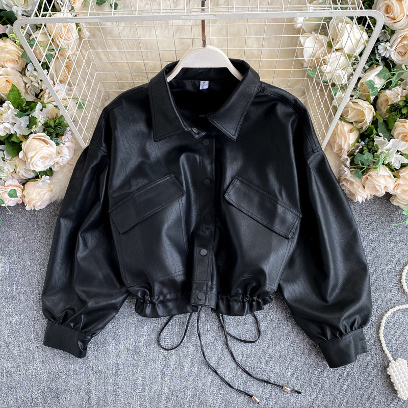 Korean Retro Bf Style Loose Black Leather Jacket For Women's