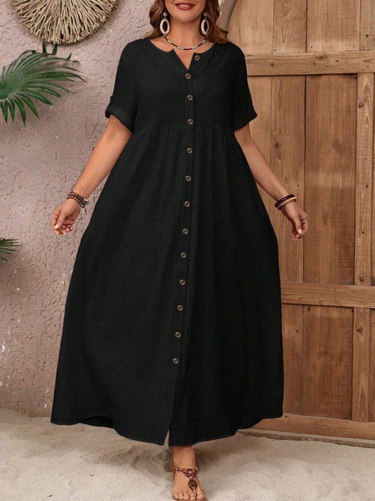 Button-Down Maxi Dress - Casual Summer Short-Sleeve Flowy Dress With Pockets