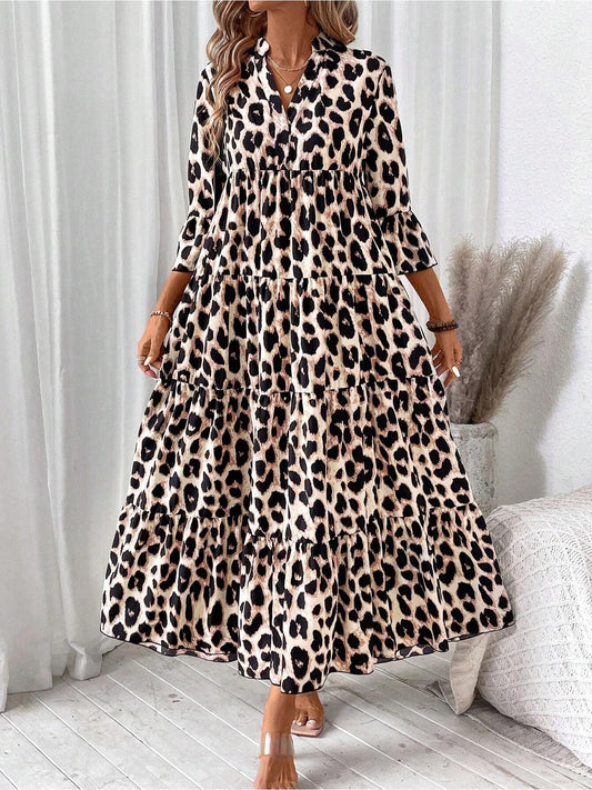 Leopard Print Mid-Sleeve Loose-Fit Casual Comfortable Maxi Dress - Flattering For Slimming