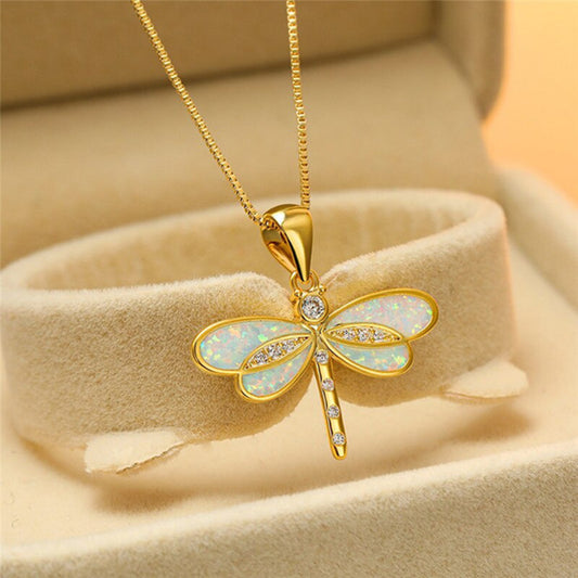 Enchanting Dragonfly Pendant Necklace with Iridescent Wings Simulated Opal Dragonfly Ladies' Pendant Necklace