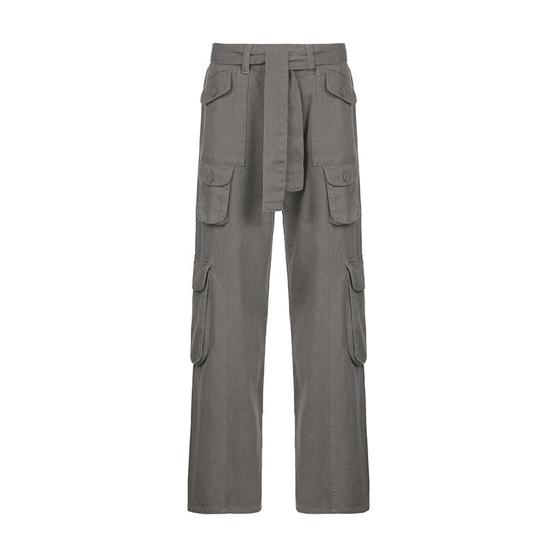 Multi-Pocket Cargo Pants – Streetwear Baggy Fit Retro Grey Work High Waist Jeans For Women European-American Style