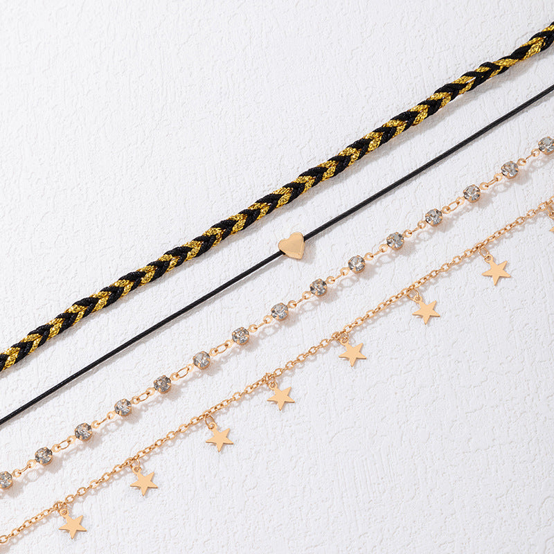 Summer Beach Foot Jewelry with Heart Charm Korean Style Alloy Diamond XINGX Pendant Anklet Four-piece Set