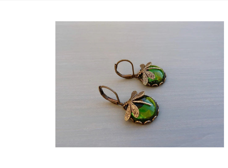 Vintage Inspired Dragonfly Dangle Earrings with Iridescent Cabochons