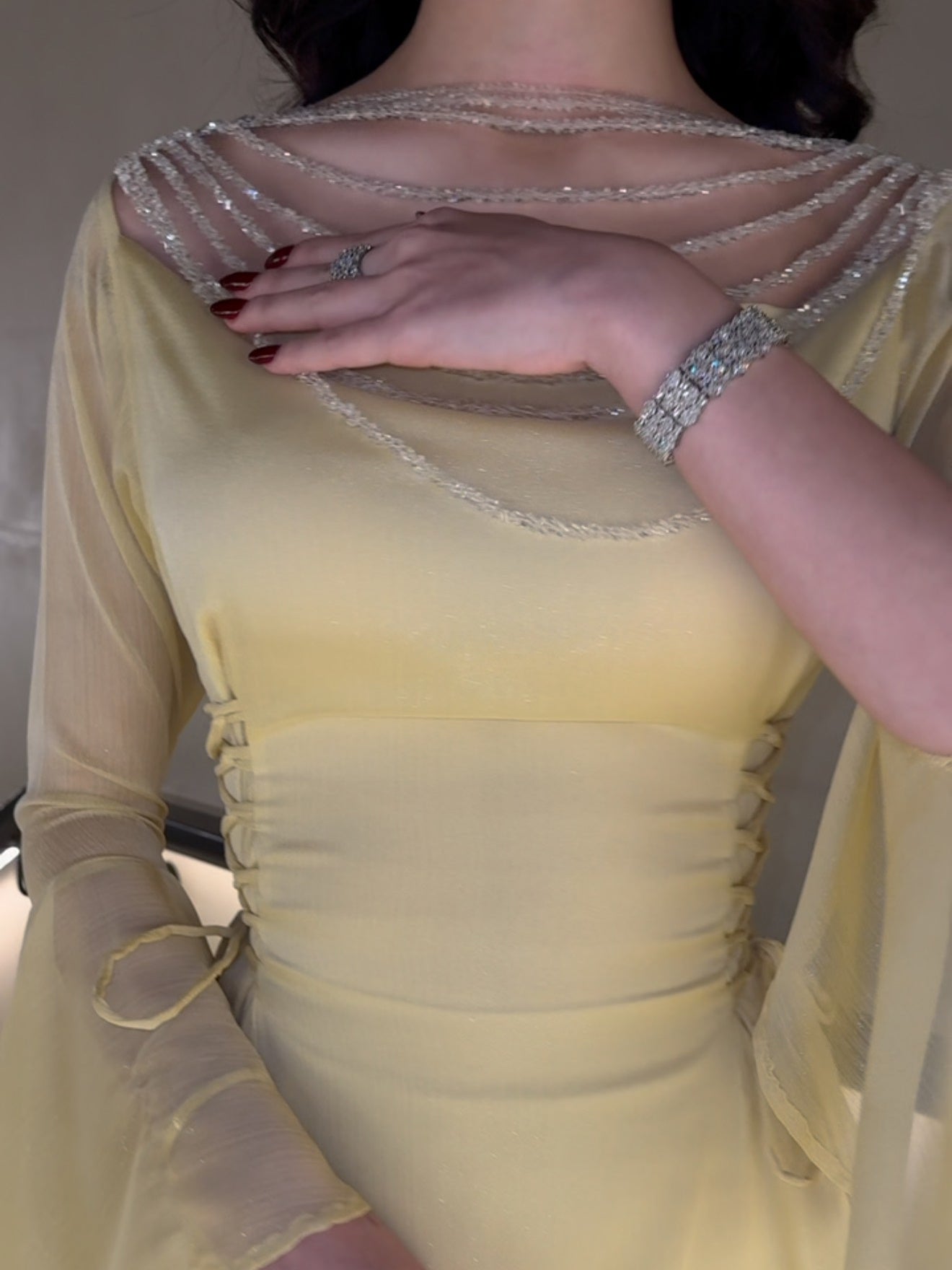 Elegant Yellow Pleated Belted Ruffled Sleeves Maxi Bodycon Dress