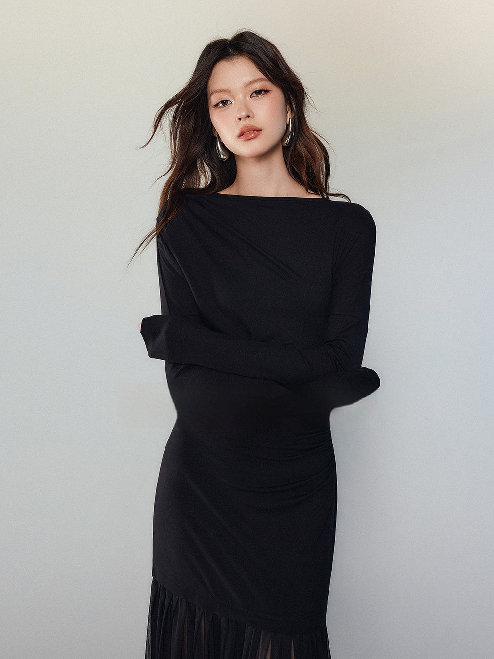 Elegant Black Panel Mesh Bodycon Dress For Women
