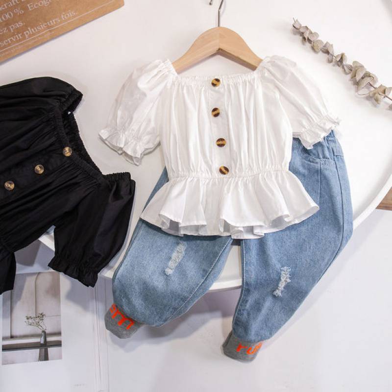 Stylish Toddler Girl Ruffle Hem Blouse | Short Sleeve Button Top Girls' One-shoulder Puff Sleeve Top Korean Style