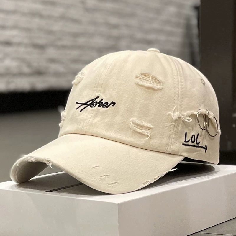 Korean Distressed "LOL" Embroidered Baseball Cap Ins Retro Tattered Jeans Soft Peaked Cap Women
