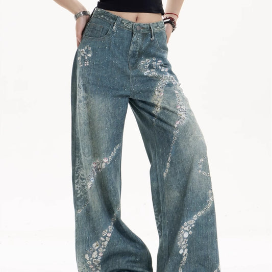 Retro Bowknot Printed Jeans Loose Wide-leg Pants