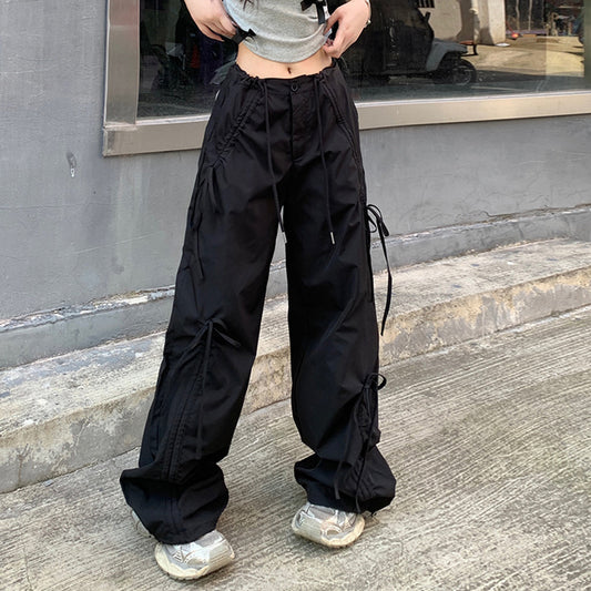 Urban Drawstring Parachute Pants – Streetwear Edge Redefined Loose Straight Wide Leg Mop Pants Women