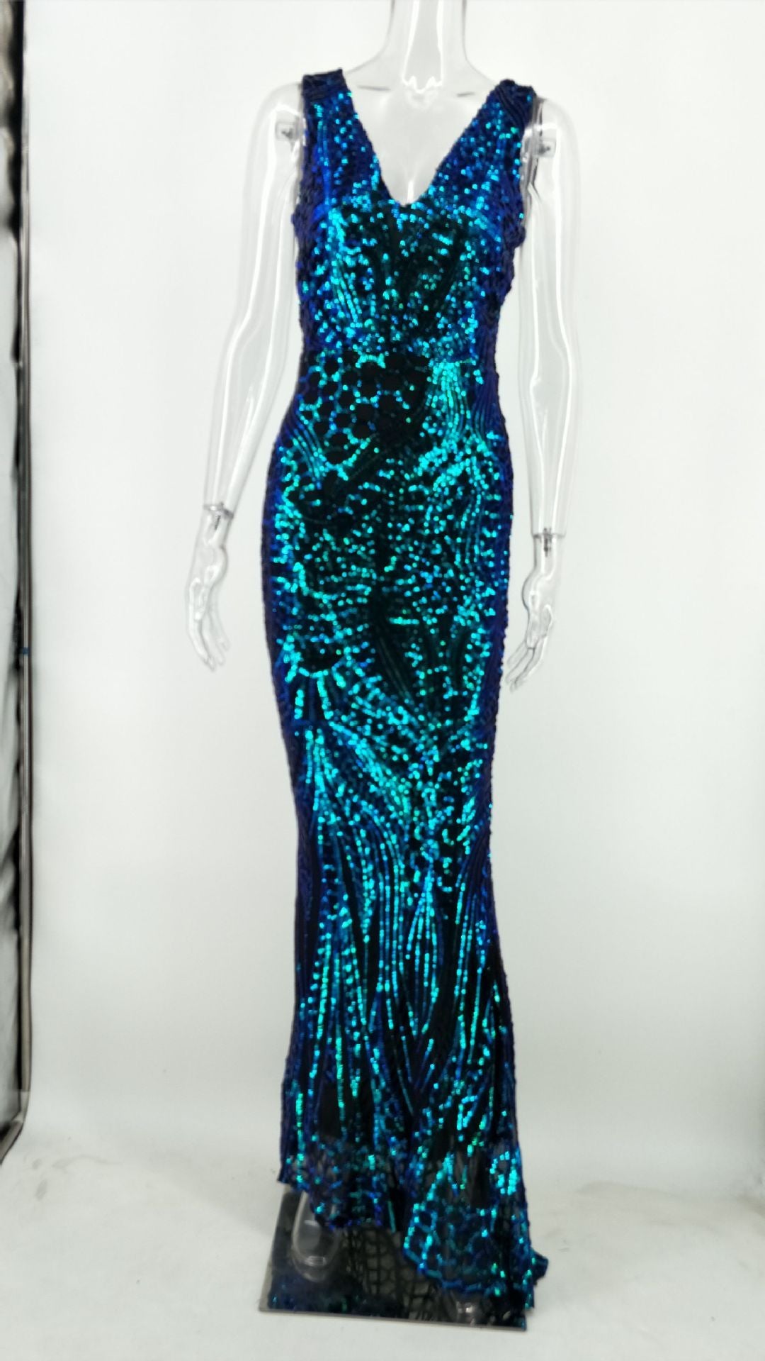 Deep V Neck Symphony Sequins Long Floor Bodycon Dress