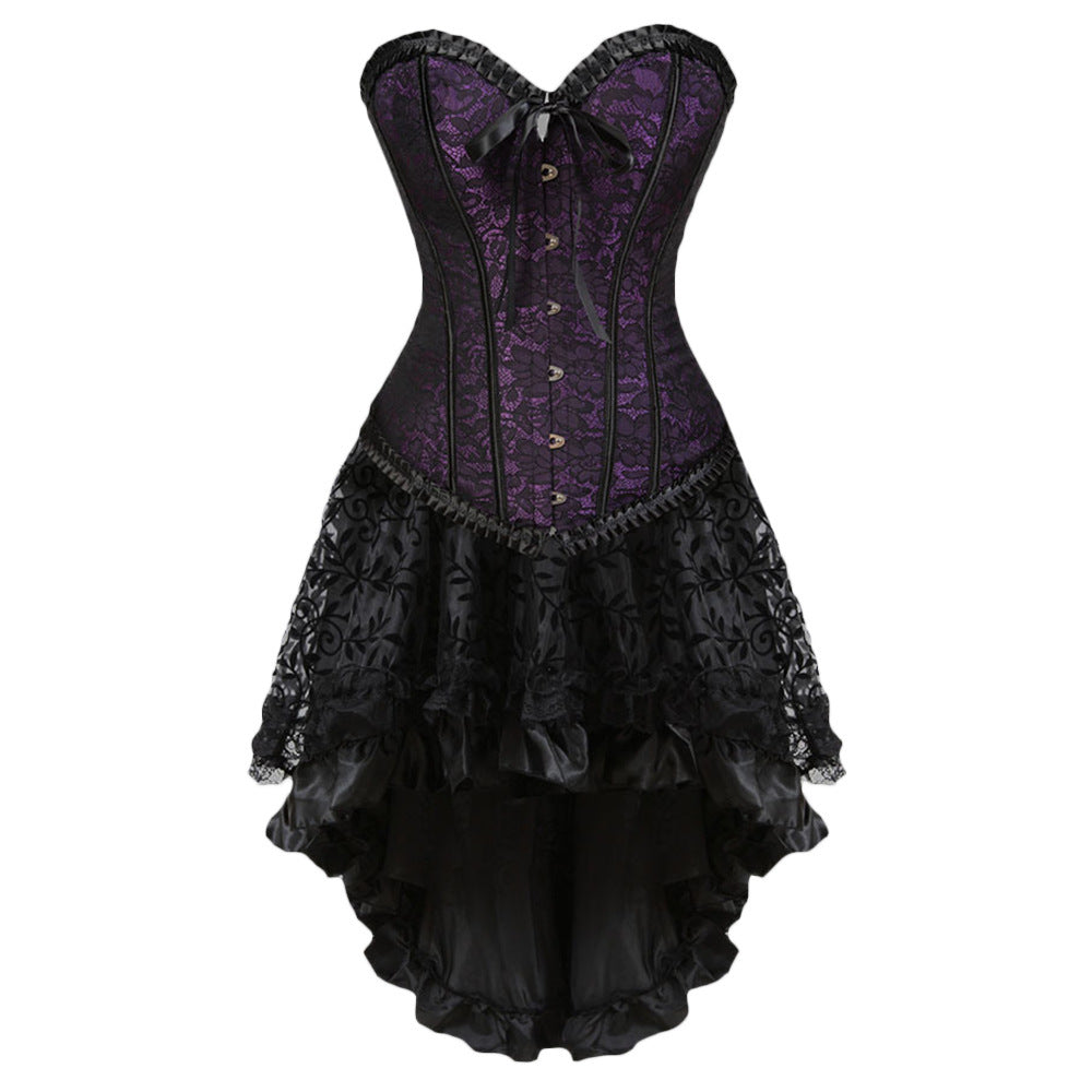 Gothic Steampunk Corset Dress with High-Low Lace Skirt Classic Flounce Jacquard Adjustable Court Body Shaping Two-piece Suits Flocking Luxury Dress