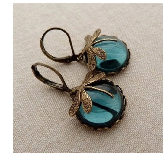 Vintage Inspired Dragonfly Dangle Earrings with Iridescent Cabochons