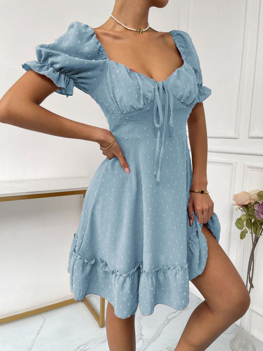 Full Jacquard Tie Puff Sleeve Mini Dress