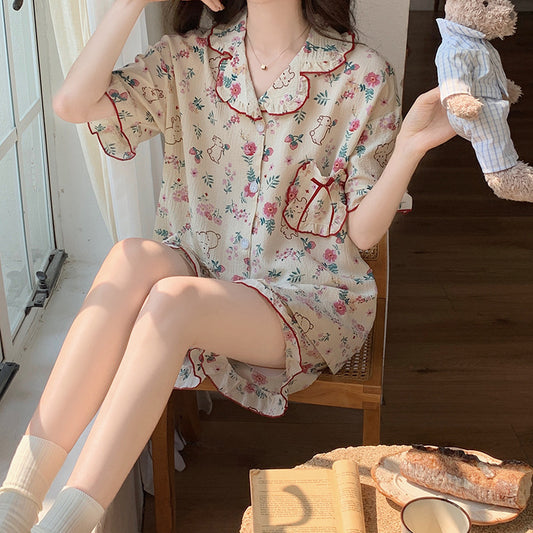 Cute Floral Print Short Sleeve Pajama Set with Ruffles Summer Short Sleeve Shorts Korean Style Two-piece Rabbit Pattern Combination Pajamas