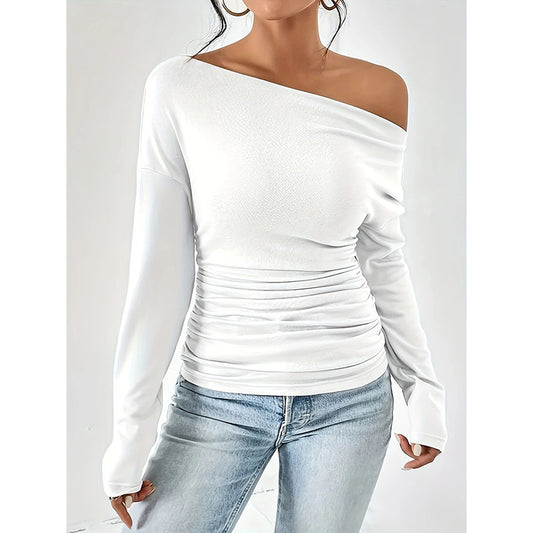 Off The Shoulder Tops Long Sleeve T Shirts Going Out Tops Casual Trendy Ruched Slim Fitted Tees