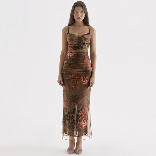 Mesh Floral Print Slit Short Sleeve Bodycon Dress